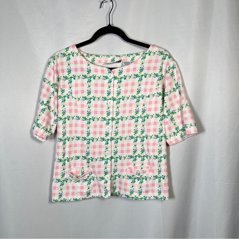 Eagle's Eye Vintage Pink Gingham Floral Button Front Top Women's L - Picture 2 of 12